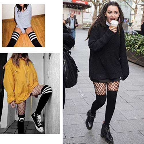 Image of DRESHOW 6 Pairs High Thigh Socks Striped Over Knee Thin Tights Long Stocking for Women Leg Warmer