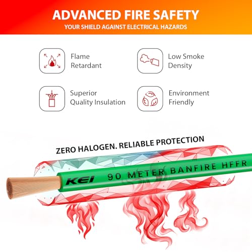 Image of KEI BANFIRE- HFFR 1.5 sqmm 1 Core 99.97% Pure Copper Conductor Heat Resistant Flame Retardant Low Smoke & Halogen - Lead Less House Wire for Domestic & Industrial Electrical Wiring (Green,90 Meters)