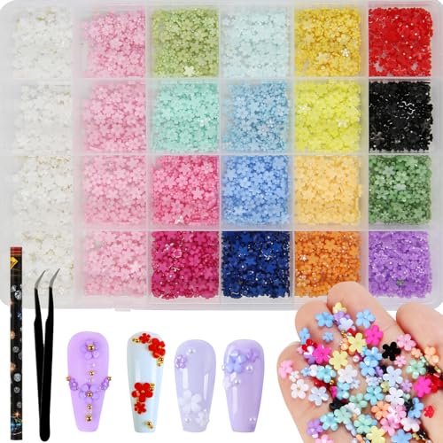 10000Pcs 3D Flower Nail Art Charms & Beads Kit - 24 Resin Decoration Set for Nails with Dual-Size Floral Designs Includes Application Tweezers & Wax Pencil for Creative Manicures Professional