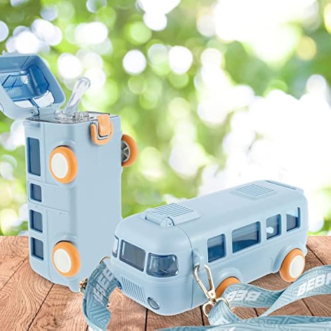 16oz Bus Water Bottle, Car Straw Water Cup, Portable Bus Water Bottle with Shoulder Strap, Leak-Proof Kids Small Square Drinking Cup, Cute Cartoon Toy Locking Flip Lid Water Kettle for Kids (Blue)