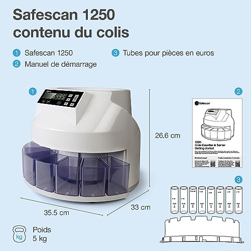 Safescan 1250 geldzählmaschine - automatischer münzzähler und sortierer für Euro Münzen