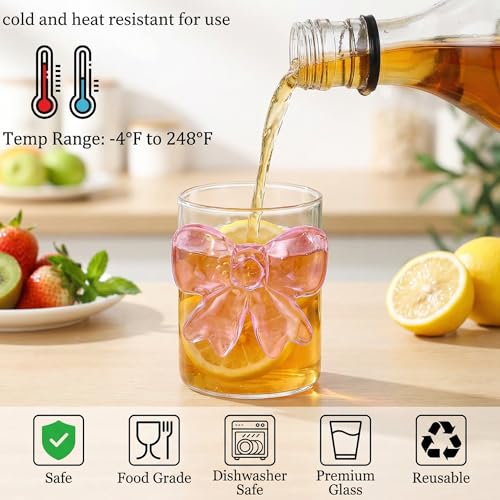 Image of Goaste 4 Pack Cute Pink Bow Glass Cups, 10 oz Clear Water Glasses with Bow Design, Aesthetic Iced Coffee Mug Tumbler, Old Fashioned Cocktail Glassware for Women Friends Wedding Engagements Gifts Party