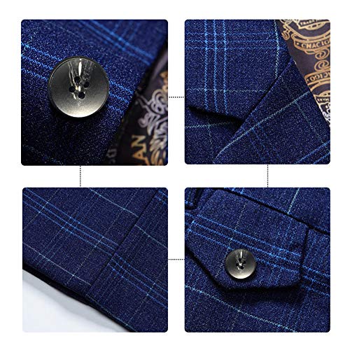 Mens 3 Piece Slim Fit Checked Suit Blue/Black Single Breasted Vintage Suits, Blue, Medium #TOP3