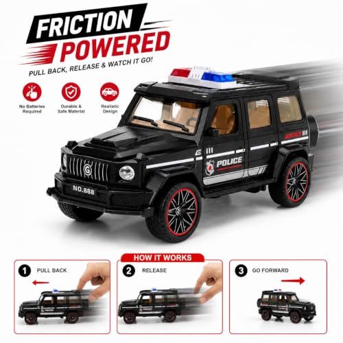Image of 1:32 Scale G-Wagon Police Toy Car - Friction Powered ABS SUV with Openable Doors - Mini Collectible Police Vehicle for Kids, Boys & Enthusiasts (Black)