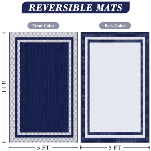KMAT Outdoor Rug, Waterproof Reversible Patio Rugs, 5x8ft Large Outdoor Area Rug Foldable Plastic Camping Rugs for Outside RV, Patio,Picnic,Camper,Balcony,Porch (Blue &White) - Image 2