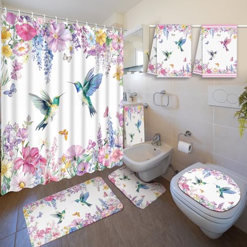 Nuanchu 6 Pcs Hummingbird Shower Curtain Set with Rug Hummingbird Bathroom Sets with Shower Curtain Bath Mat U Shaped Mat Toilet Lid Cover 2 Bath Towels and 12 Hooks Spring Flower Bathroom Decor