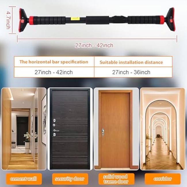 Pull up Bar for Doorway - 27''- 42'' Width Adjustable Indoor Chin Up Bar with Level Meter, Portable Exercise Equipment for Home Gym Upper Body Workout, Max Load 440 LBS, Black Red