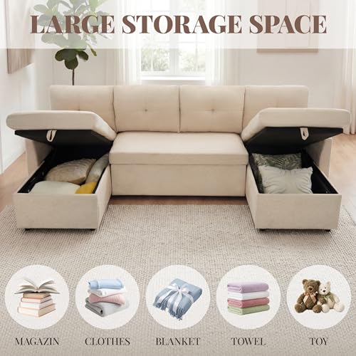 Image of Huatean Home Oversized Sleeper Sofa Couch, 100 inch 2 in 1 Pullout Couch Bed with Side Pockets for Living Room, Sectional Sleeper Sofa Bed with Double Storage Chaise, Beige