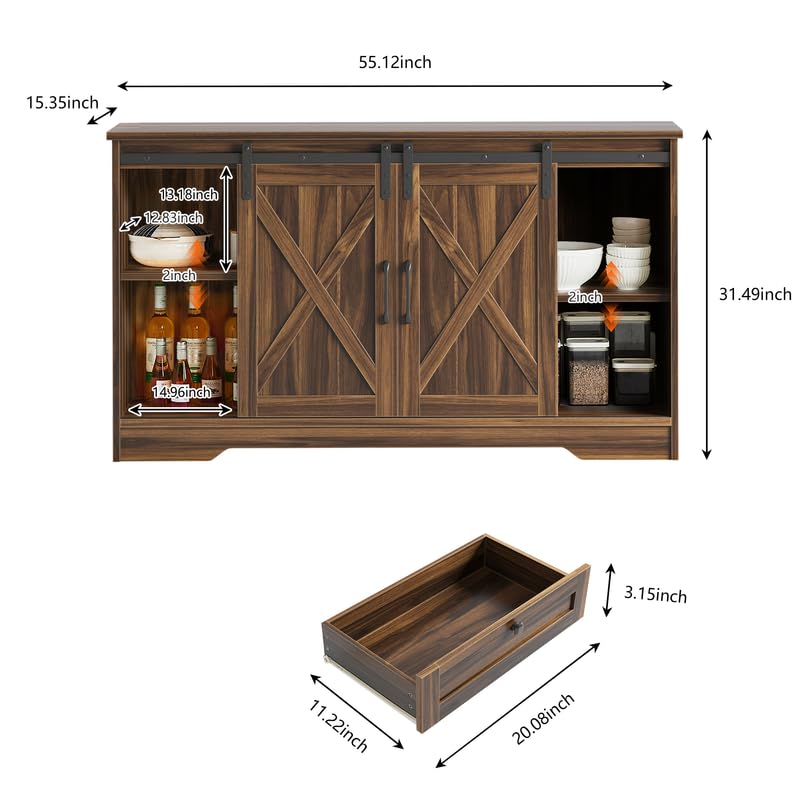 Luoxiao-Large-Farmhouse-Buffet-Cabinet-with-Storage-55-Wood-Modern-Kitchen-Storage-Cabinet-with-4-Drawers-Sliding-Barn-Doors-Adjustable-Shelf-Coffee-Bar-Cabinet-for-Living-Room-Kitchen-Dark-Oak Luoxiao Large Farmhouse Buffet Cabinet with Storage 55 Wood Modern Kitchen Storage Cabinet with 4 Drawers Sliding Barn Doors Adjustable Shelf Coffee Bar Cabinet for Living Room Kitchen Dark Oak