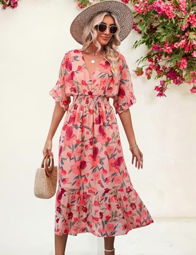 Women's Spring Summer 2025 Floral Midi Dress A Line Chiffon Boho Casual Short Sleeve Long Beach Dresses2