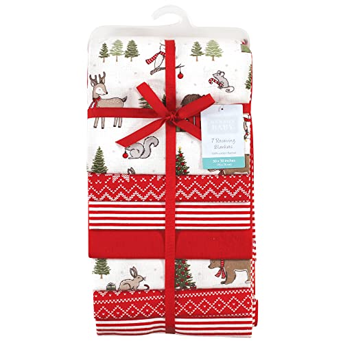 Image of Little Treasure Hudson Baby Cotton Poly Flannel Receiving Blankets Multipack, Red Christmas Forest, 30x30 inches