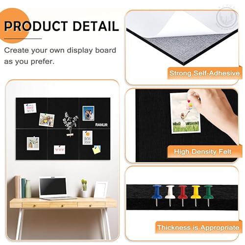 Image of RANUR 6 Pcs Felt Bulletin Board (30x30 cm) Self Adhesive Notice Boards with 50 Pins, Vision Board for Manifestation, Message Board for Notes, Photos, Office & Home Wall Decor (Black)