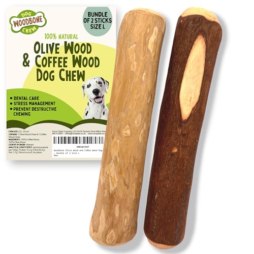 Woodbone Olive Wood and Coffee Wood Dog Chew Stick For Large Dogs - Natural Dental Chewing Toy - Bundle of 2 Size L