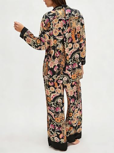 Image of Women Satin Pajama Set Floral Silk Pajamas 2 Piece Lounge Sets Button Down Shirts Wide Leg Pants Pjs Sleepwear