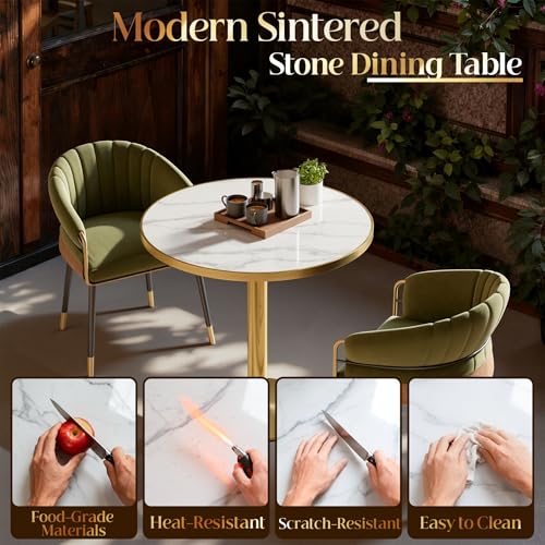 Image of 31.5 inchTulip Table, Sintered Stone Small Round Dining Tables&Metal Edge&Base | Small Modern Circle Dining Table for 2-4 Person ,Bistro Tables for Dining Room /Kitchen /Restaurants /Small Spaces /Marble White