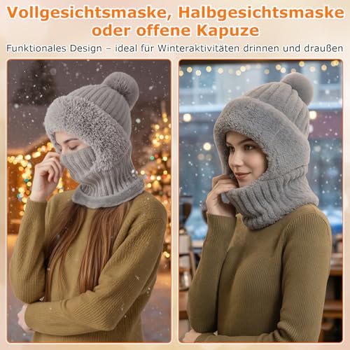 Kunoli Schalmütze Damen, Balaclava Strickmütze, Multifunktional Sturmhaube, 3-in-1-Beanie Mütze Gesichtsmaske und Schal Fleecegefüttert Winddicht Mütze, Winter Thermo Kapuzenschal, Mützenschal (Grau)
