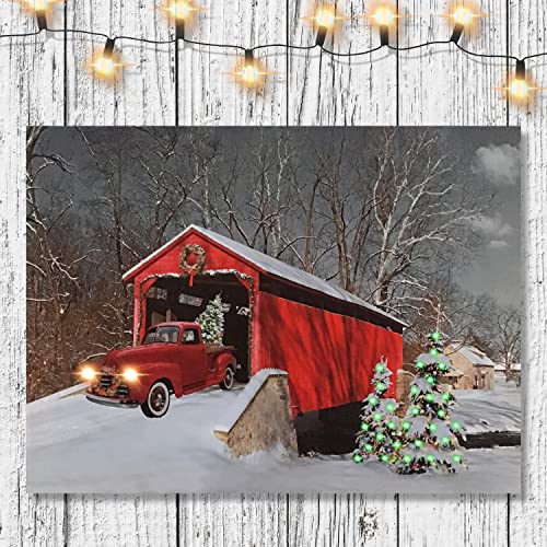 Banberry Designs 2631 Lighted Red Truck Covered Bridge Canvas Print - Christmas Picture thumb #7