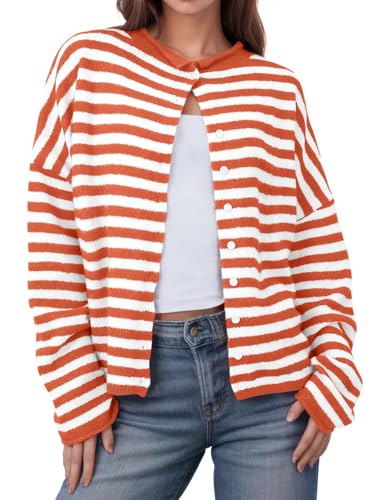 Image of UNCLECAT Womens Striped Cardigan Long Sleeve Button Down Knit Tops | 2026 Fall Winter Trendy,Casual,Cute Lightweight Sweaters,Cozy Soft,Open Front Top,loose fit