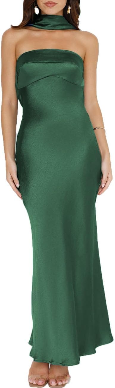 Women's Summer Satin Strapless Tube Top Maxi Dress Elegant Silk Backless Halter Neck Formal Party Dresses Wedding Guest Emerald