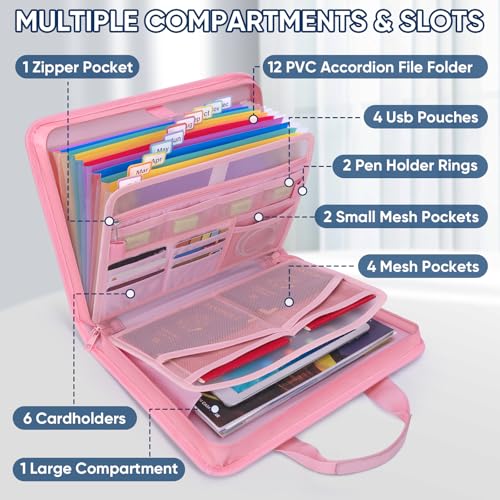 baleine fireproof document organizer with handle 12 pockets pvc accordion file organizer with labels waterproof fireproof document bag for a4letter files in travel office home pink