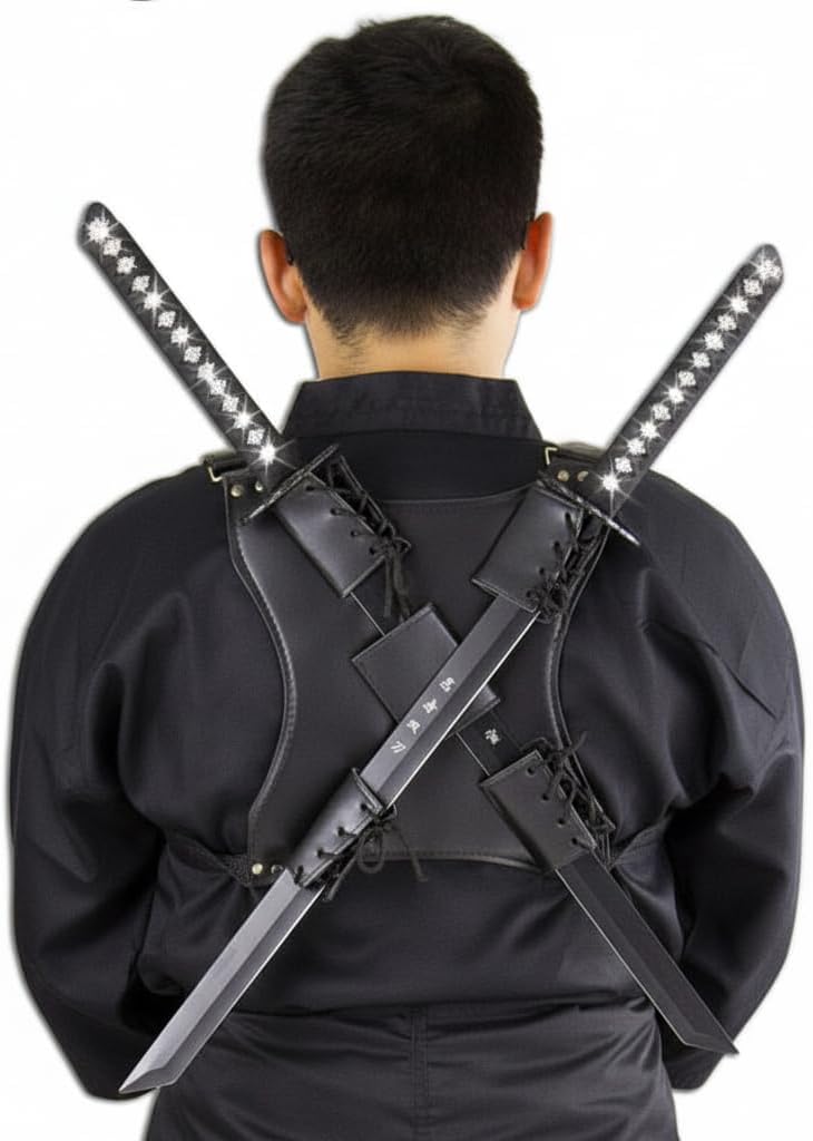 Sword Back Holster, 2 Light up Swords with Clanging Sound, Black Leather Ninja Hero Sheath, Weapons Holder for Anime Halloween Costume- Warrior Cosplay - Complete with Balaclava, (Ninja Mask) - Image 2