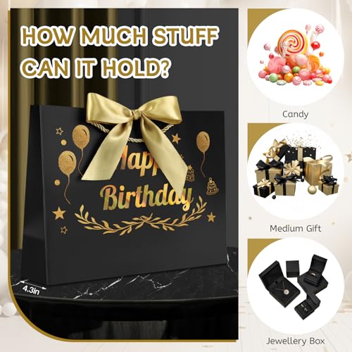 Image of JMANNI Black Gold Happy Birthday Gift Bag with Card and Tissue Paper, 12.6 inchx9.84 inchx3.9 inch Elegant Present Bag for Men Women, Year Old Birthday Keepsake Party Supplies