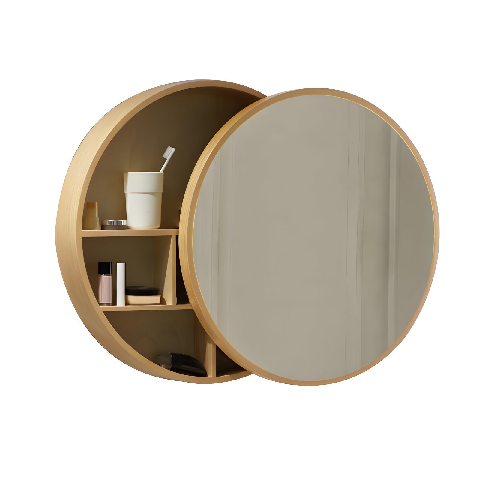 FGXHHS 50/60/70CM Round Cabinet, Two-Way Sliding Door, Wall Mounted Storage Cupboard With 2-Shelf, Home Decoration(Wood color,50cm/19.7in)