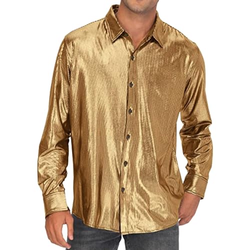 Camisa Lentejuelas Hombre Larga Ajustada Graduación Discoteca Manga Corta Blusa Botones Brillante Apretado Solapa Larga Slim