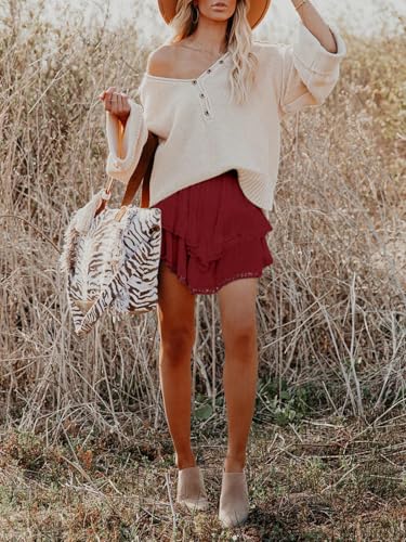 Image of Aoudery Flowy Shorts for Women Casual Boho Ruffle Tiered Skorts High Waist Mini Skirts Golf Tennis Crochet Shorts