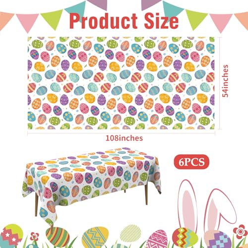 Image of Easter Tablecloth, 6 Pack Colorful Easter Eggs Table Cloth, 54x108 Inch Plastic Disposable Rectangle Spring Table Cover for Easters Tables Decorations Outdoor Picnic Home Kitchen Dinner Party Supplies