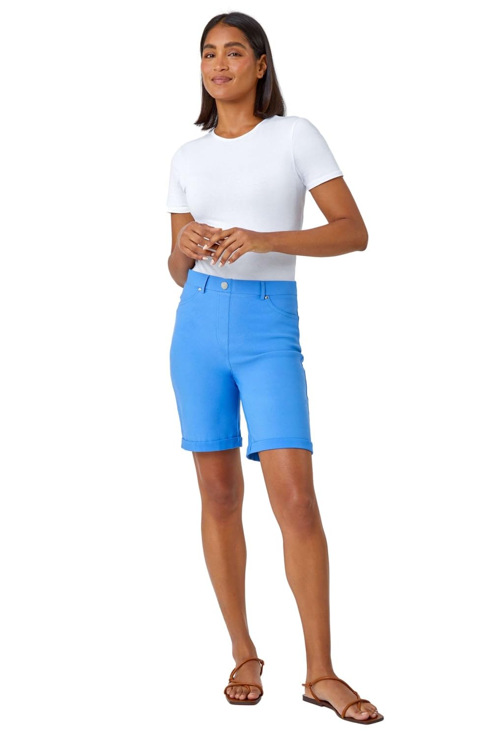Roman Originals Women's Light Denim Roman Stretch Shorts For Uk Pull On Turned Hem Cut Off Bengaline Mom Boyfriend Boy Denim Casual Cropped Pants Capri Slim Fit Turn Up Summer Crops Mother - Size 22