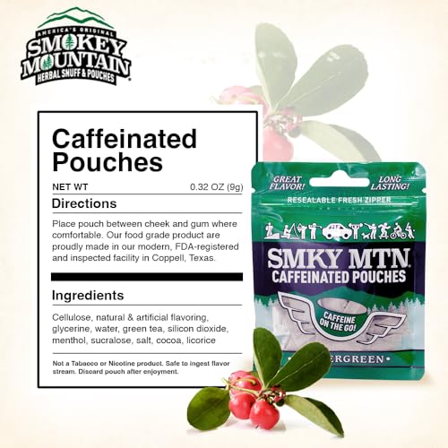 Image of SMOKEY MOUNTAIN Caffeinated Pouches - Wintergreen - Tobacco Free and Nicotine Free - 15 Pouches Per Pack - 5 Packs