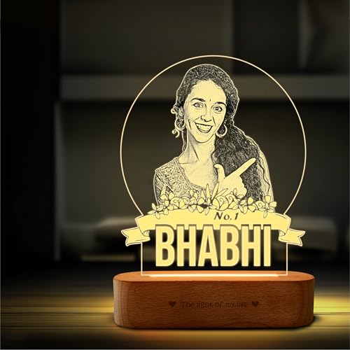 Image of ZOCI VOCI Personalized Rakhi Gift for Bhabhi, Custom UV Printed LED Photo Lamp, Warm White Acrylic Night Lamp with Wooden Base, Customized Photo Gift for Sister-in-Law, Rakshabandhan Gift