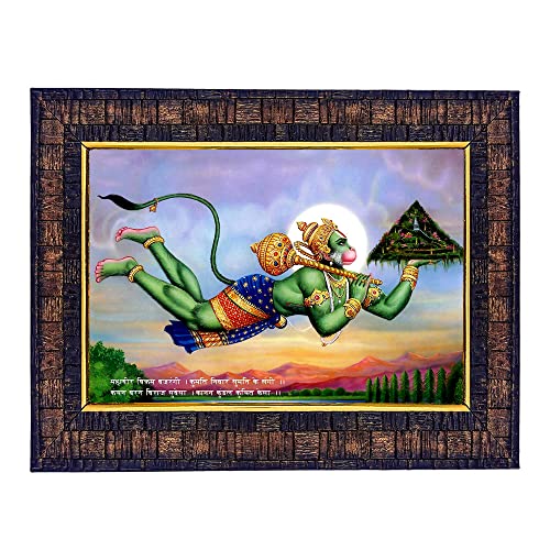 Image of Hawai Flying Lord Hanuman Bajrang Bali with Sanjeevani Parvat Photo with Engineered Wood Wall Hanging Home Decor Religious Photo Frame for Home Office Prayer Room, 8.5x7inch SFDI272BLKFRM