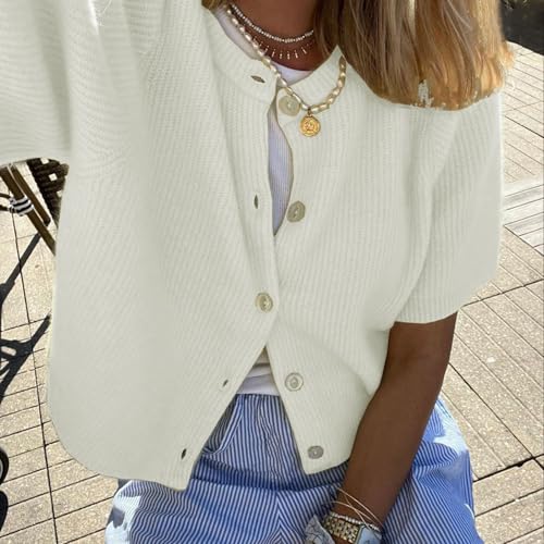 Image of Women Y2K Knit Cardigan Short Sleeve Crewneck Solid Color Button Down Tops Casual Going Out Sweater Streetwear
