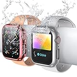 [2 Packs] AISIBY IP68 Waterproof Case Compatible for Apple Watch Series 3/2/1 38mm with Built-in Tempered Glass Screen Protector Full Coverage Hard HD(Silver/Rosegold)