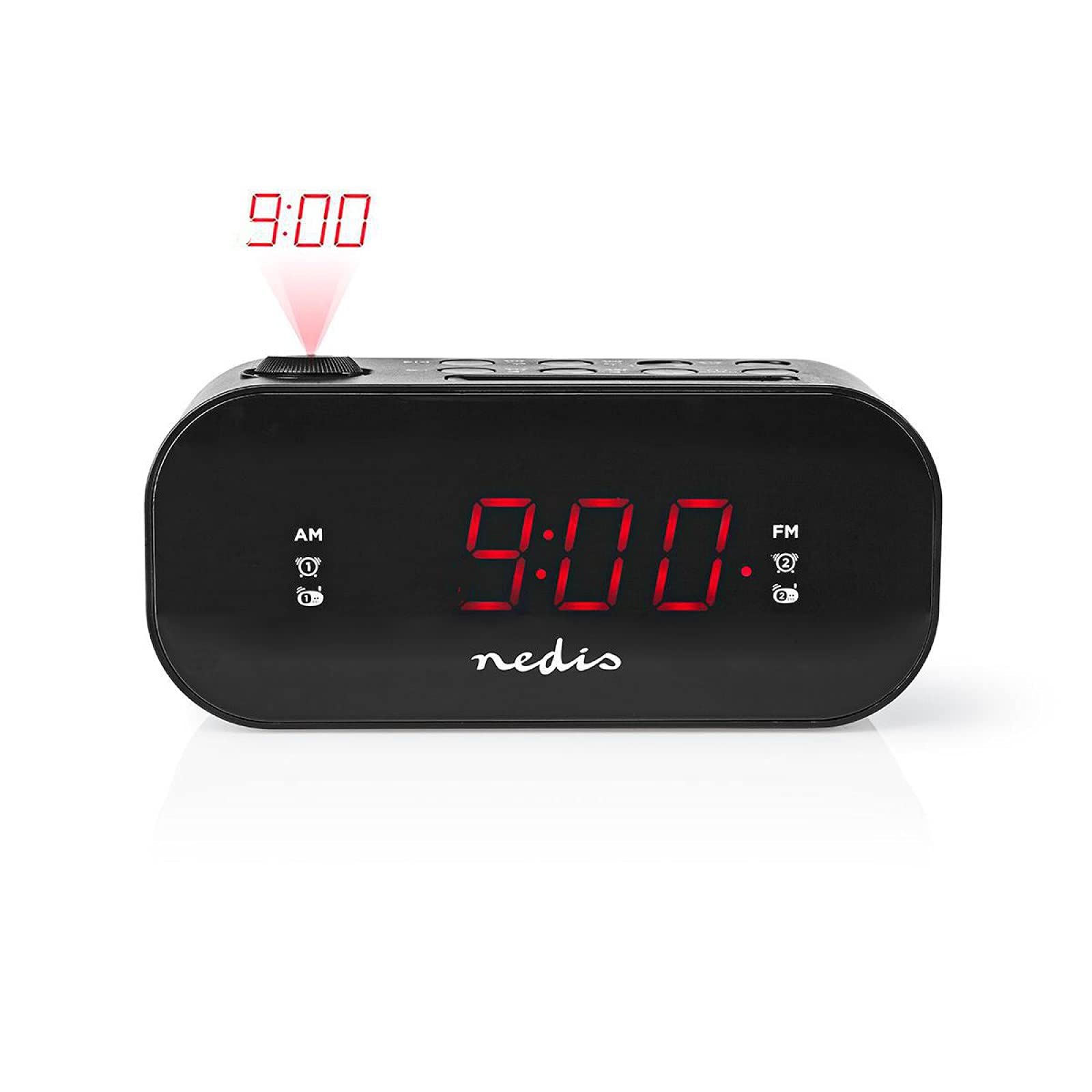 Nedis - Radio Despertador Digital con proyección de Hora - LED de 0,9" - 10 presintonías - FM - Alarma Dual - Función de repetición - Función de repetición - Función de repetición