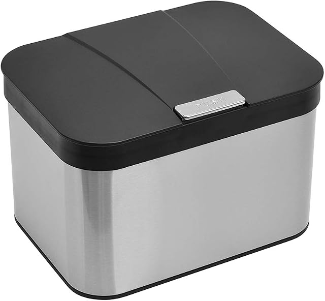 Ibergrif - Kitchen Food Waste Caddy,Countertop Bin,Bathroom Bins with Lids - 4.3 Litres (25 X 18,8 X 17 Cm), Plastic, Nickel Brushed Grey