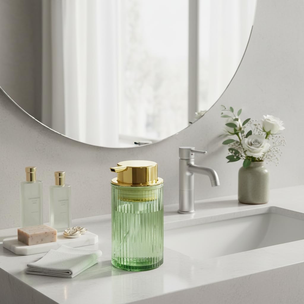 Schaumseifenspender, Badezimmer, grünes Glas, Schaumseifenspender, nachfüllbar, 340 ml, Schaumpumpenbehälter mit Goldener Pumpe, dekorativer schlanker Gerippter Spülseifenspender für Küche