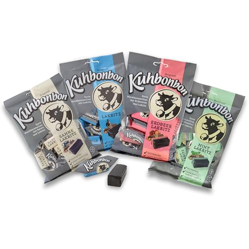 Kuhbonbon Lakritz Bundle - Süßigkeiten Großpackung mit Erdbeere Original Mint und Sahne (4x200g) Karamell Bonbons - Die originale Sweets für jeden Tag