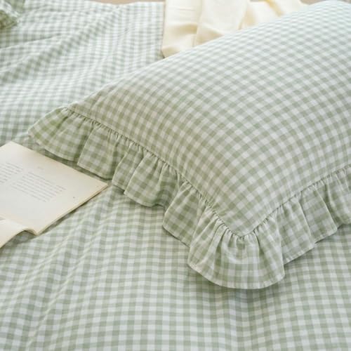 Image of Nayoroom Gingham Duvet Cover Queen Size Green Ruffle Plaid Checkered Duvet Cover 3 Pieces Soft Washed Microfiber Vintage Farmhouse Dorm Bedding Set Gifts for Women Men