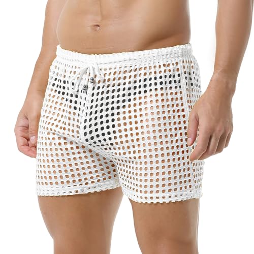 Mens Hollow Boxers Briefs Shorts Trunks See Through Underwear with Drawstring Breathable Workout Bulge Pouch3
