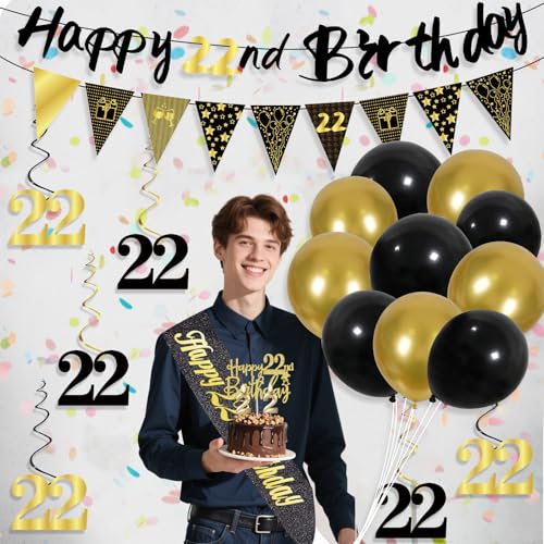 Image of 22nd Birthday Decorations for Men, Black Gold 22nd Party Decoration Kits | 27pcs Happy 22nd Birthday Set:, Banner, Honeycomb, Balloons, Gold Number, Candle, Hanging Swirls, Cake Topper, Party Supplies
