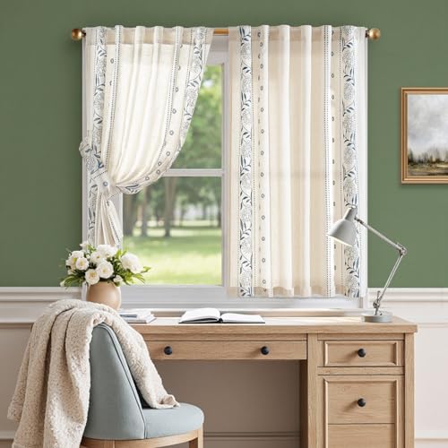 Image of jinchan Blue Floral Linen Kitchen Tier Curtains 45 Inches Back Tab 2 Panels