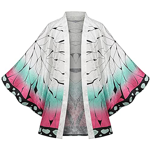 Shinobu Haori Kimono Cosplay Costume - MIAQIWUYU Anime Kochou Shinobu Kimono Haori Role Cloak Jacket Cardigan with Butterfly Headdress Earrings Set(Average Size-L)