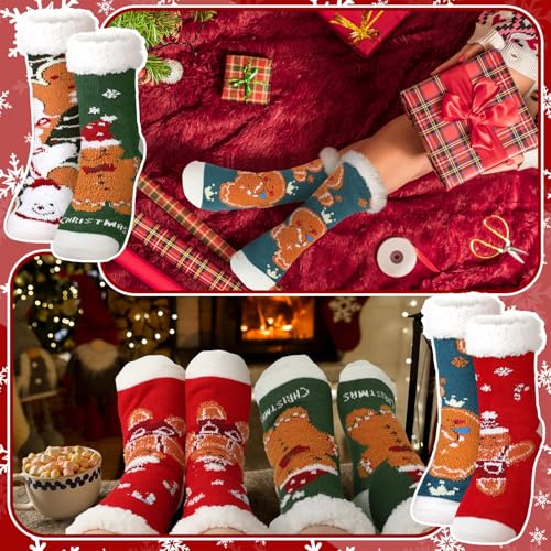 Image of Fourluoo 4 Packs Christmas Fuzzy Slipper Socks Xmas Fluffy Sherpa Thermal Socks with Grippers for Women men