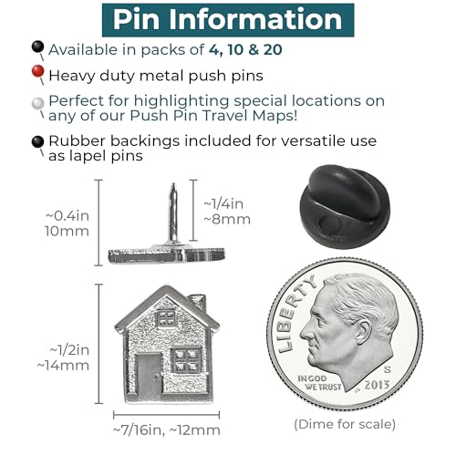 Image of Big House Push Pins - Silver Metal Home Pins - for Cork Board, Maps, or Lapel Pin Use - Designed in USA - Set of 4