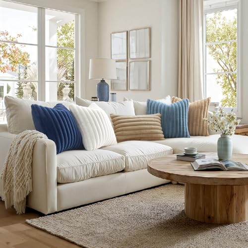 Image of MIULEE Faux Fur Decorative Throw Pillow Covers 24x24 Set of 2 Grey Blue | Coastal Modern Art Spring Home Decor Soft Plush Couch Pillows Cozy Fluffy Cushion Covers for Sofa Bed Living Room