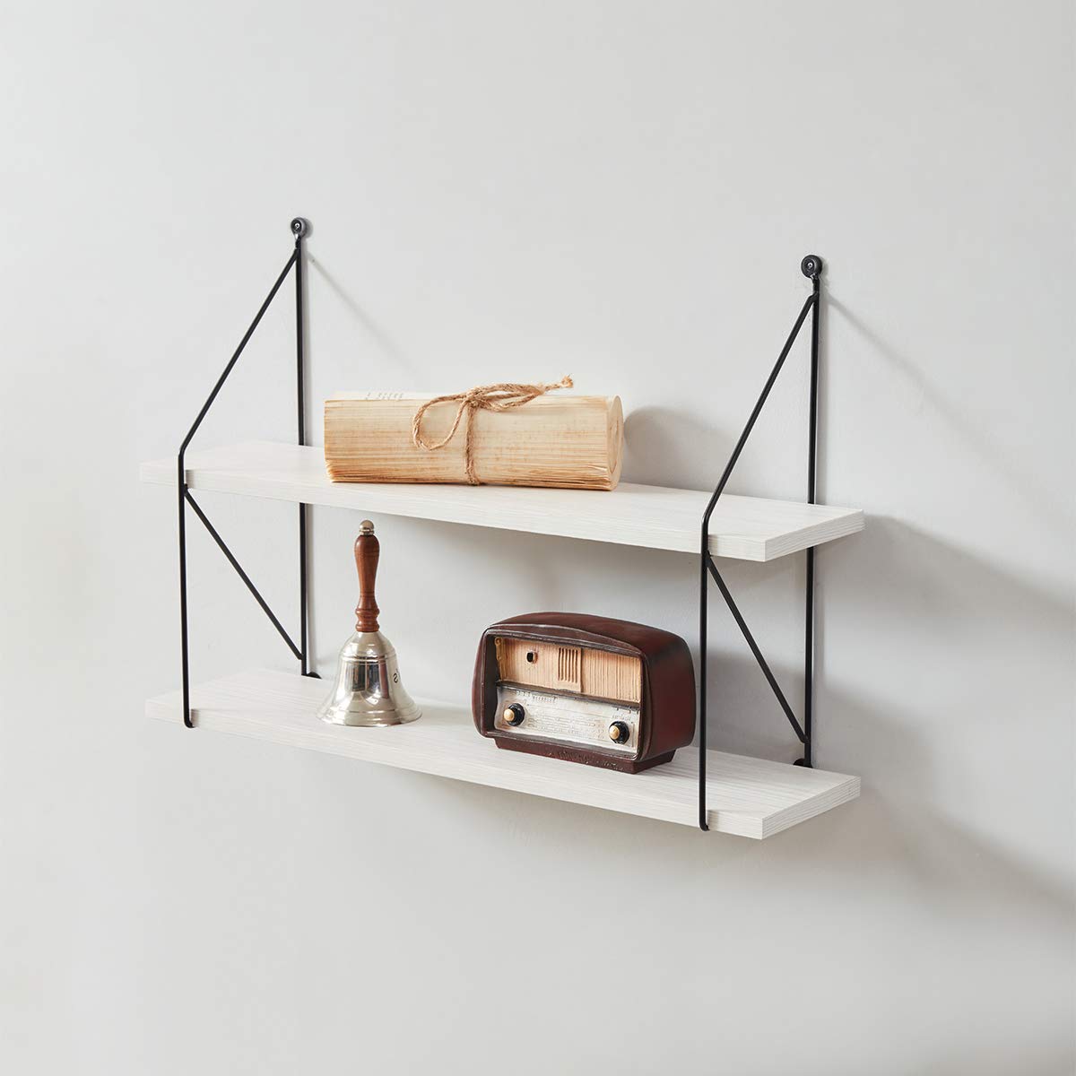 Wall Mounted Floating Shelf 2 Tiers Metal Wood Plant Pot Shelves Industrial Storage Organizer Rack Display Unit (Beige)