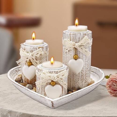 Deko Tablett Holztablett, Holz Teelichthalter mit Tablett, 3-teiliges Kerzenständer-Set aus für...